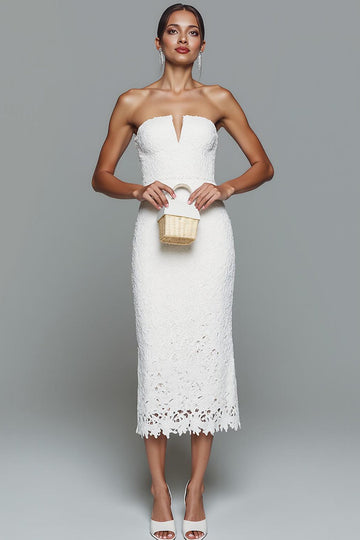White Sheath Lace Strapless Long Formal Dress